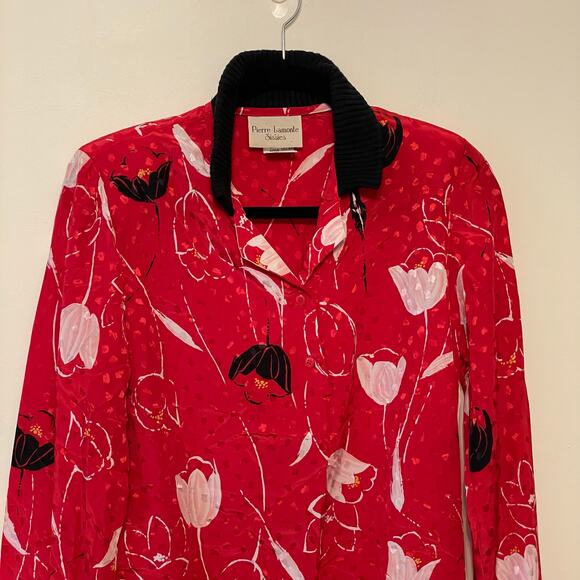 Vintage M long sleeve button up blouse tulip floral polka dot AOP red white - Picture 2 of 8